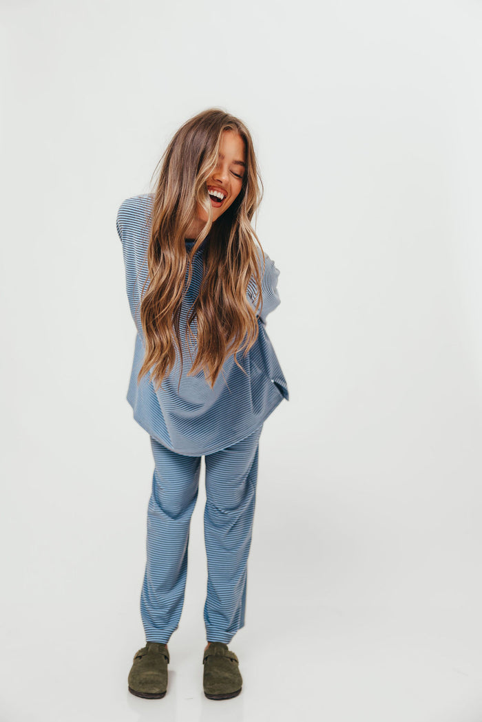 Naomi Mini Stripe Fleece Oversized Long Sleeve Top in Blue/Brown - Bump Friendly