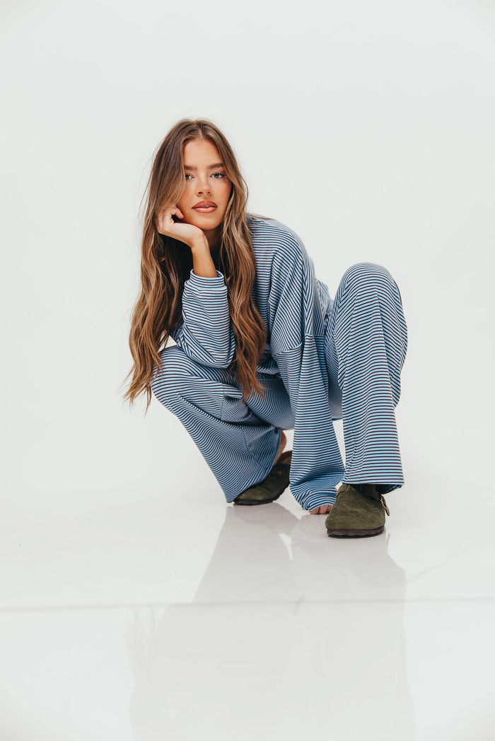 Naomi Mini Stripe Fleece Oversized Long Sleeve Top in Blue/Brown - Bump Friendly