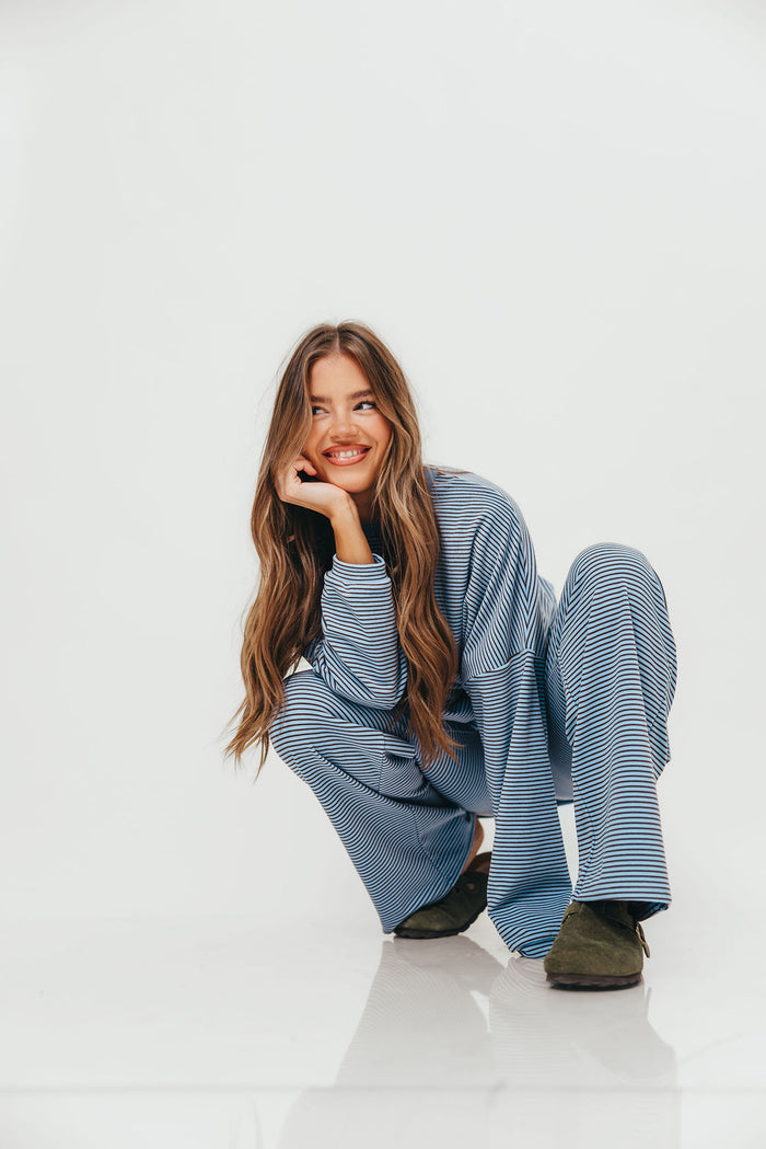 Naomi Mini Stripe Fleece Oversized Long Sleeve Top in Blue/Brown - Bump Friendly