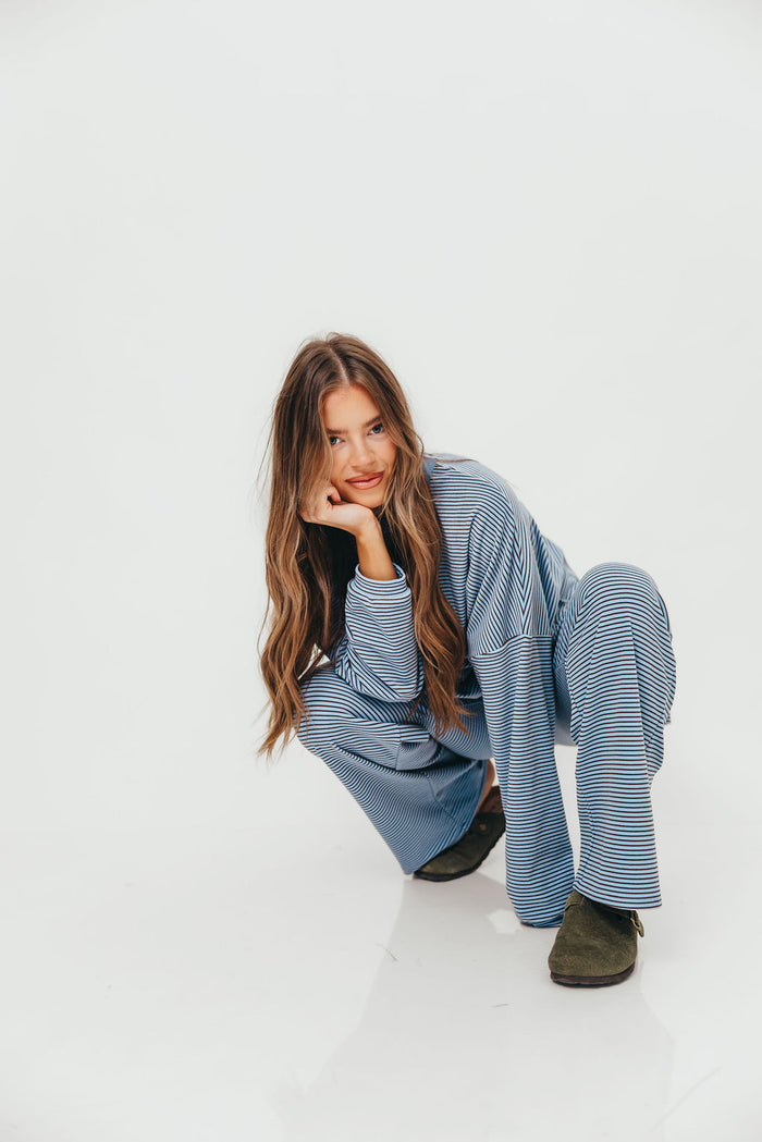 Naomi Mini Stripe Fleece Oversized Long Sleeve Top in Blue/Brown - Bump Friendly