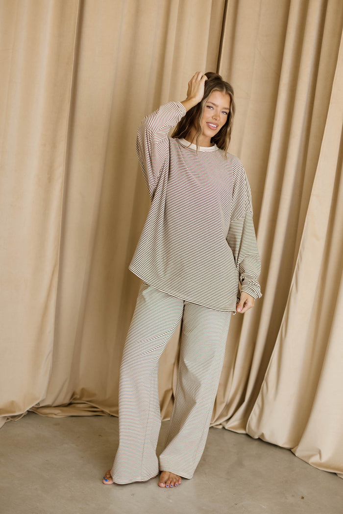 Naomi Mini Stripe Oversized Fleece Long Sleeve Top in Almond