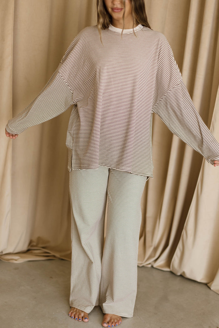 Naomi Mini Stripe Oversized Fleece Long Sleeve Top in Almond