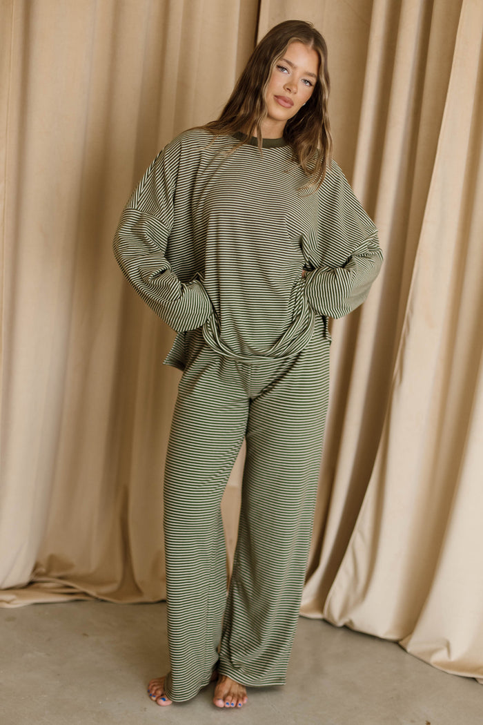 Naomi Mini Stripe Oversized Fleece Long Sleeve Top in Army Green
