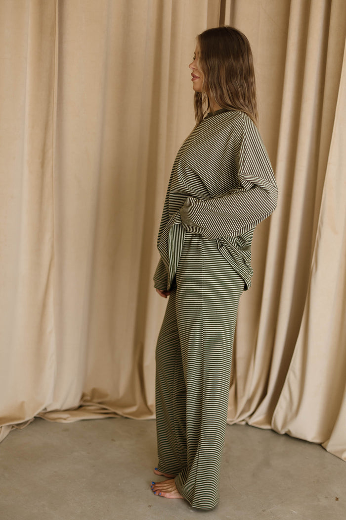 Naomi Mini Stripe Oversized Fleece Long Sleeve Top in Army Green