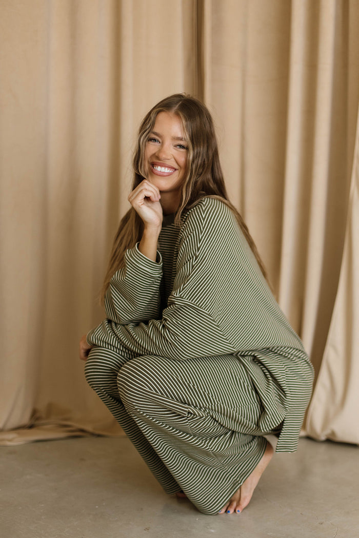 Naomi Mini Stripe Oversized Fleece Long Sleeve Top in Army Green