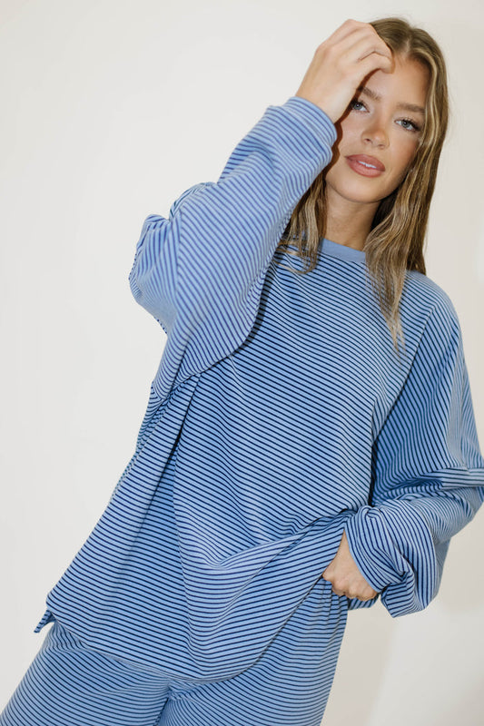 Naomi Mini Stripe Oversized Long Sleeve Top in Azure