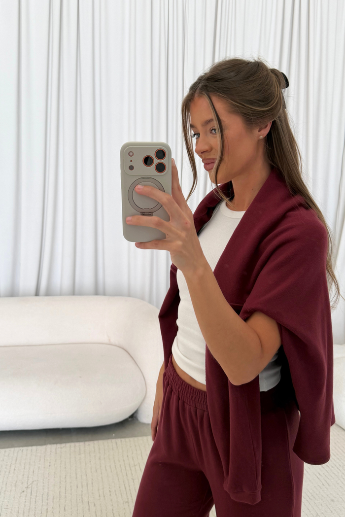 Naomi Oversized Fleece Long Sleeve Top in Burgundy - Bump Friendly