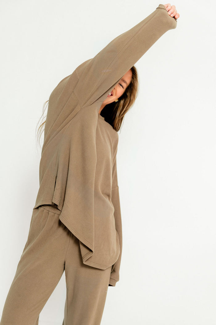 Naomi Oversized Fleece Long Sleeve Top in Olive Brown - Bump Friendly