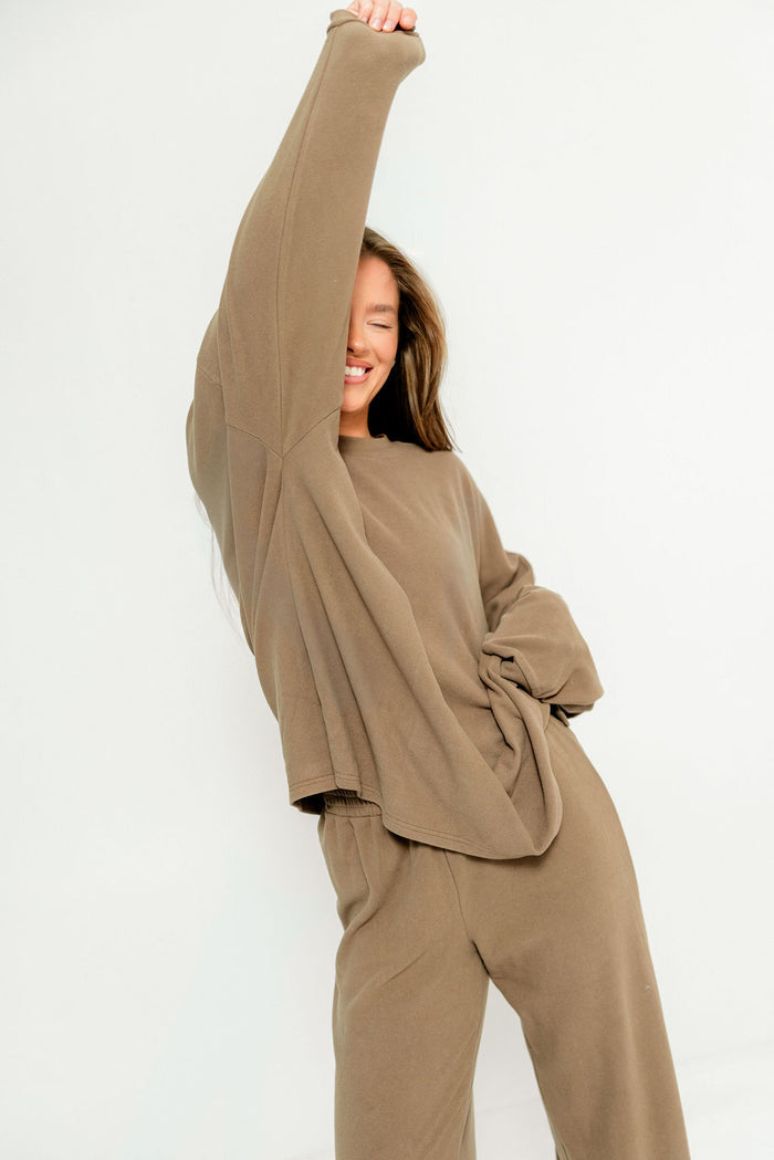Naomi Oversized Fleece Long Sleeve Top in Olive Brown - Bump Friendly