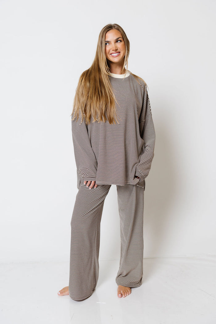 Naomi Oversized Striped Fleece Long Sleeve Top in Brown - Bump Friendly