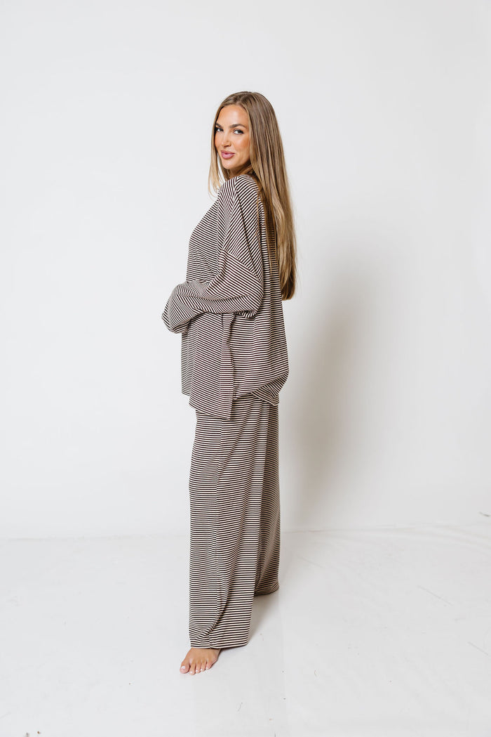 Naomi Oversized Striped Fleece Long Sleeve Top in Brown - Bump Friendly
