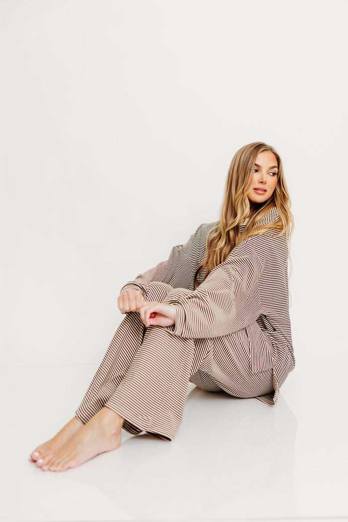 Naomi Oversized Striped Fleece Long Sleeve Top in Brown - Bump Friendly