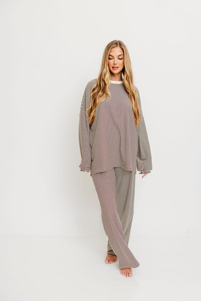 Naomi Oversized Striped Fleece Long Sleeve Top in Brown - Bump Friendly