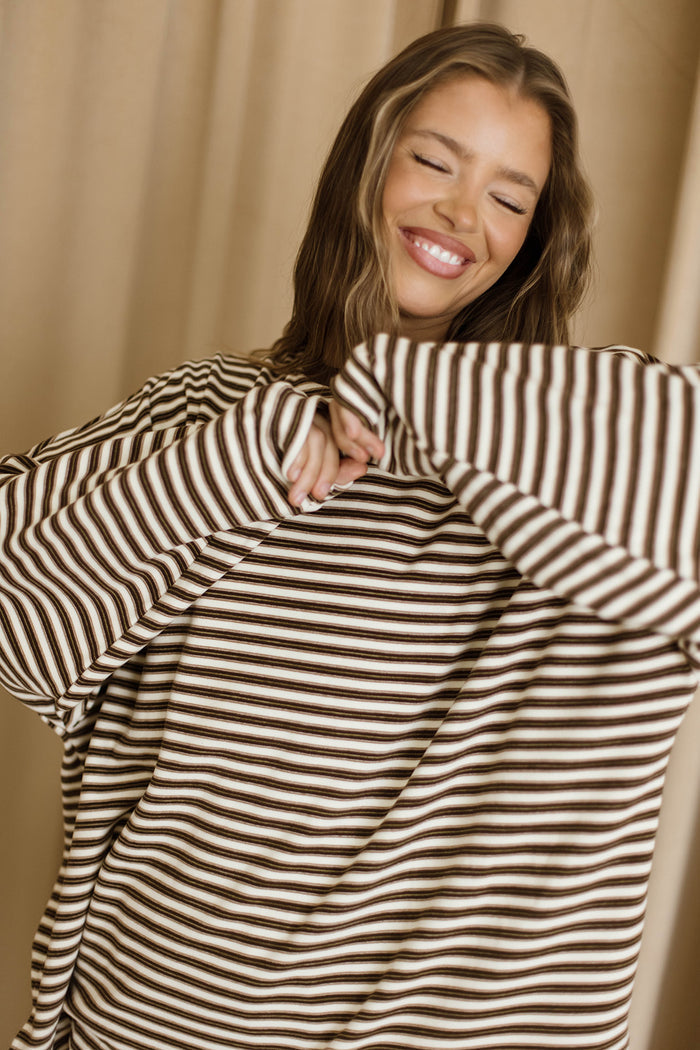 Naomi Striped Fleece Oversized Long Sleeve Top in Brown Multi