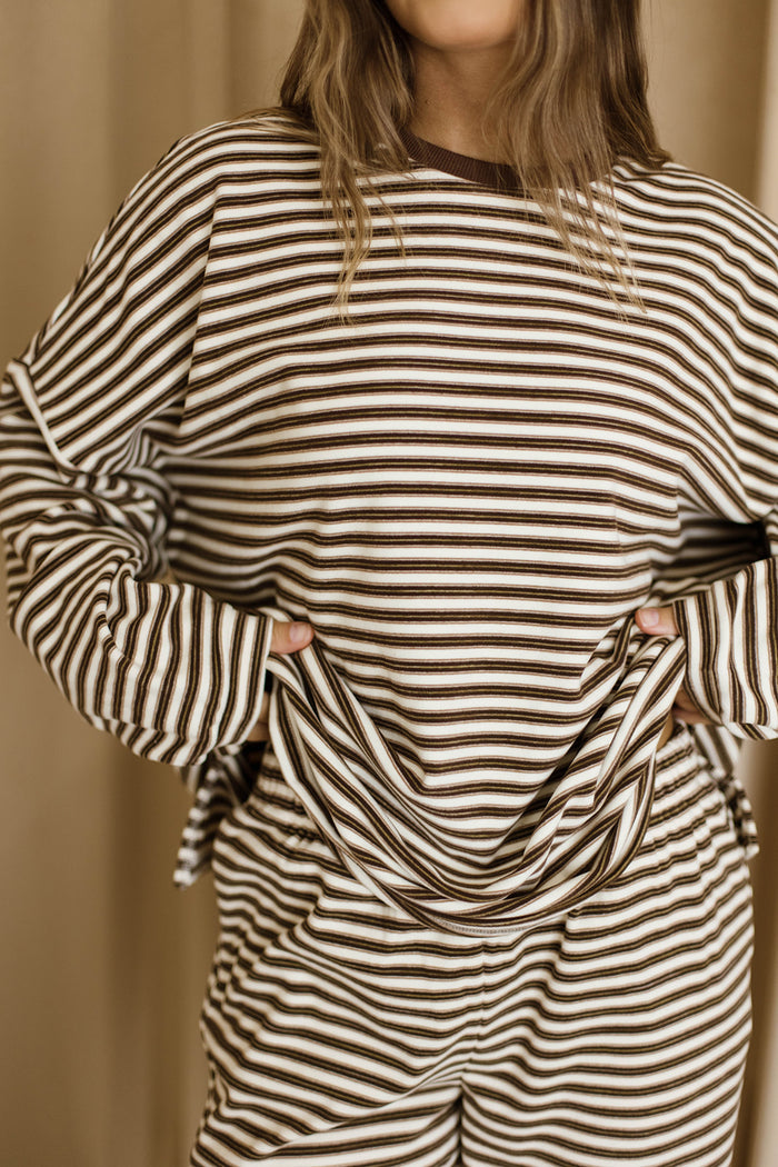 Naomi Striped Fleece Oversized Long Sleeve Top in Brown Multi