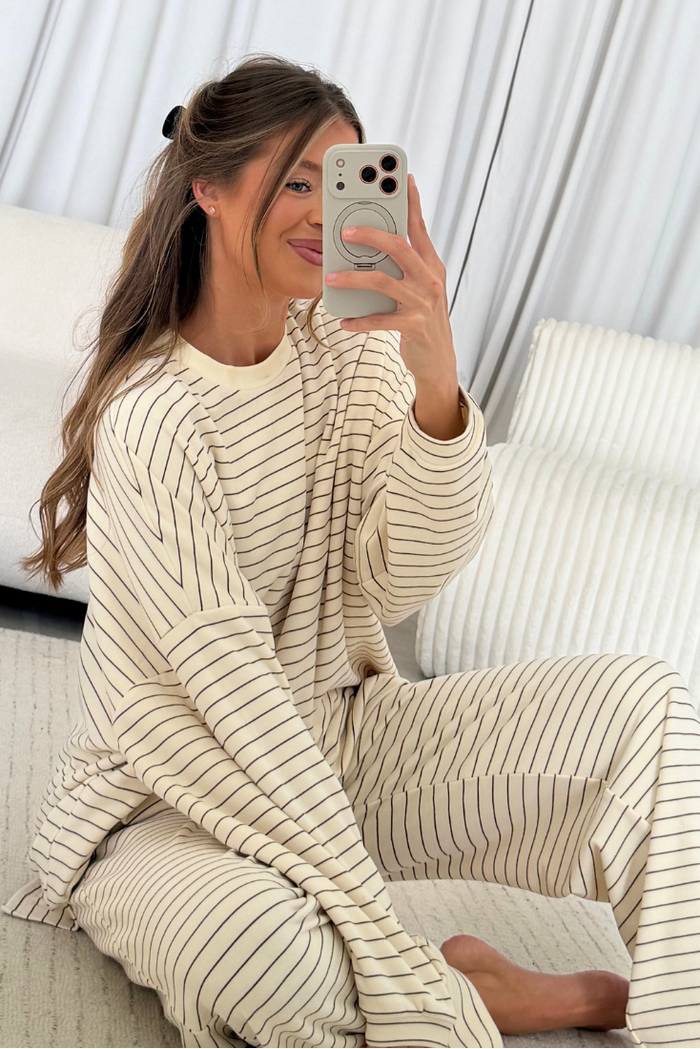 Naomi Striped Fleece Oversized Long Sleeve Top in Cream/Brown (Dark Maroon) *9/30 PRE-ORDER*