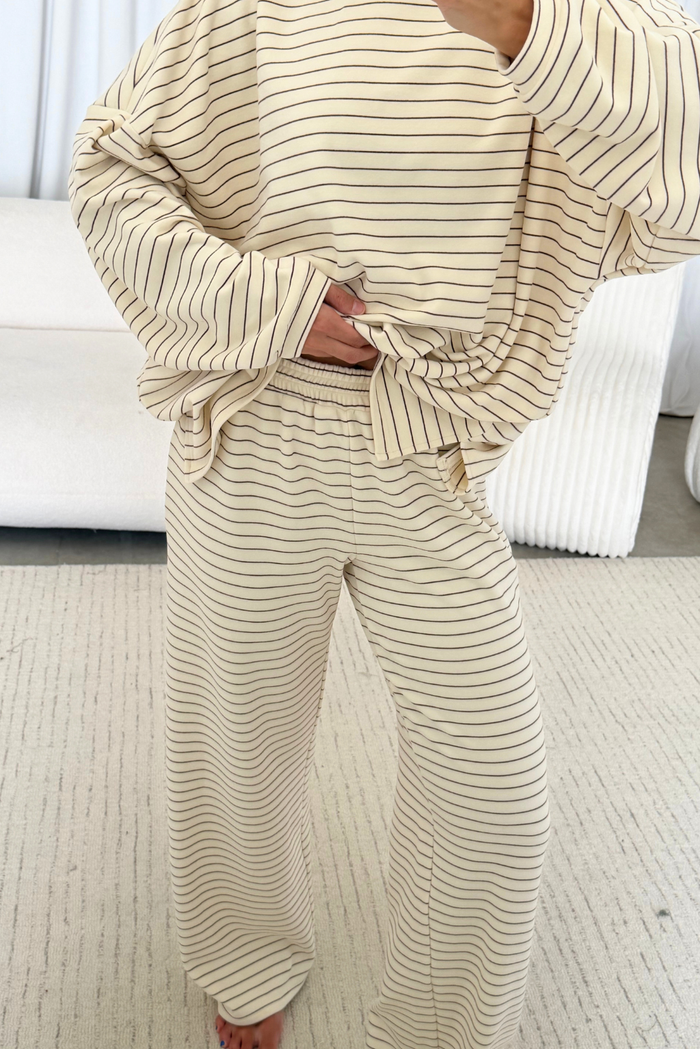Naomi Striped Fleece Oversized Long Sleeve Top in Cream/Brown (Dark Maroon) *9/30 PRE-ORDER*