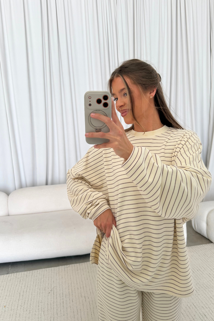 Naomi Striped Fleece Oversized Long Sleeve Top in Cream/Brown (Dark Maroon) *9/30 PRE-ORDER*