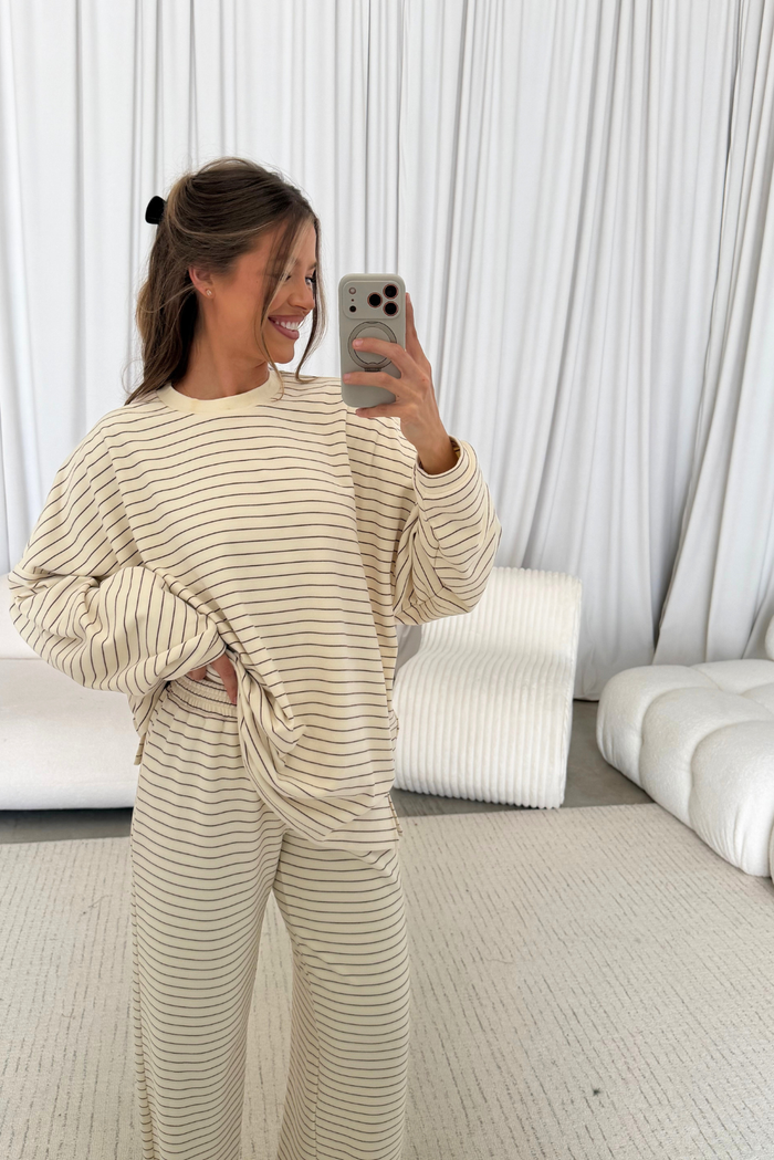 Naomi Striped Fleece Oversized Long Sleeve Top in Cream/Brown (Dark Maroon) *9/30 PRE-ORDER*