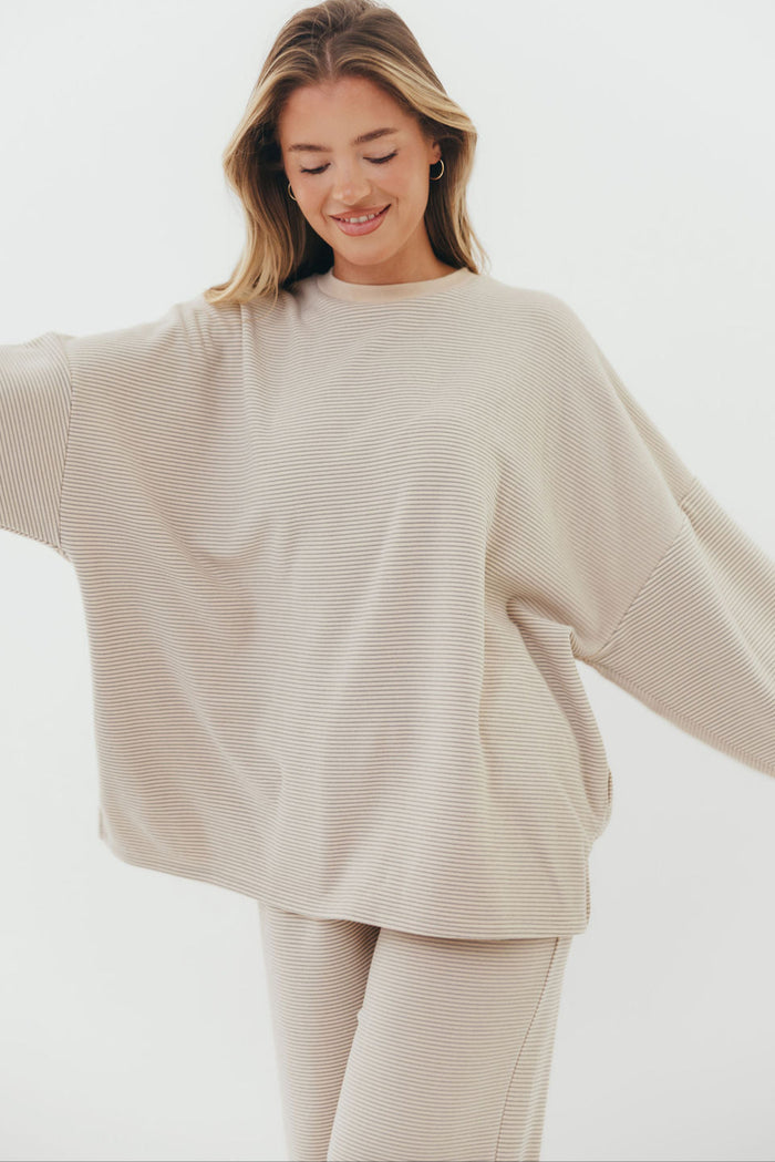 Naomi Striped Fleece Oversized Long Sleeve Top in Cream/Grey *Worth Exclusive Print* - Bump Friendly