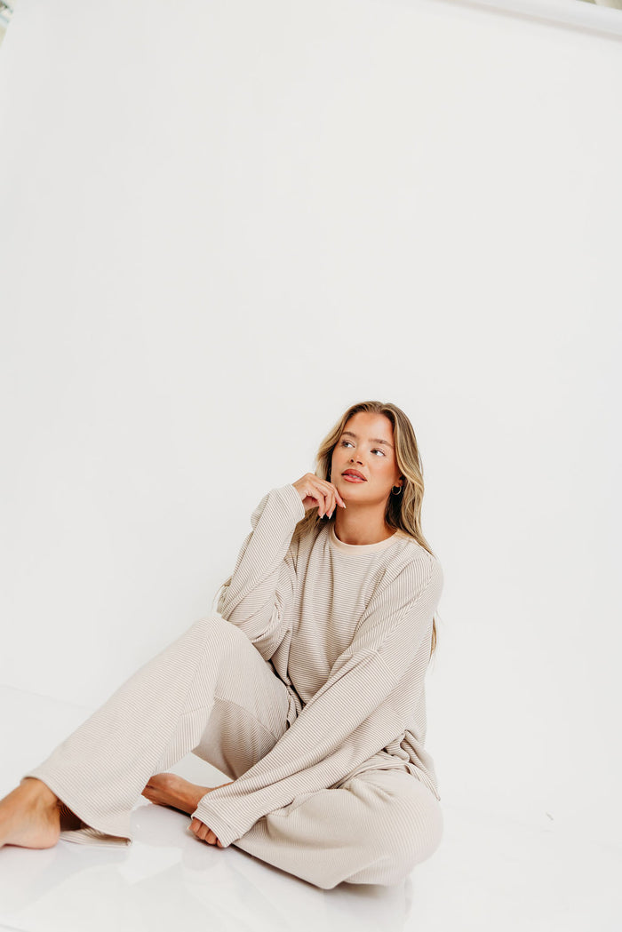 Naomi Striped Fleece Oversized Long Sleeve Top in Cream/Grey *Worth Exclusive Print* - Bump Friendly
