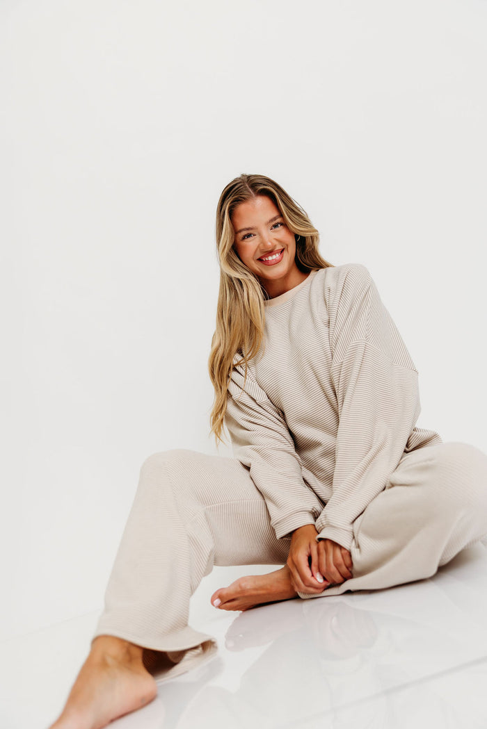 Naomi Striped Fleece Oversized Long Sleeve Top in Cream/Grey *Worth Exclusive Print* - Bump Friendly
