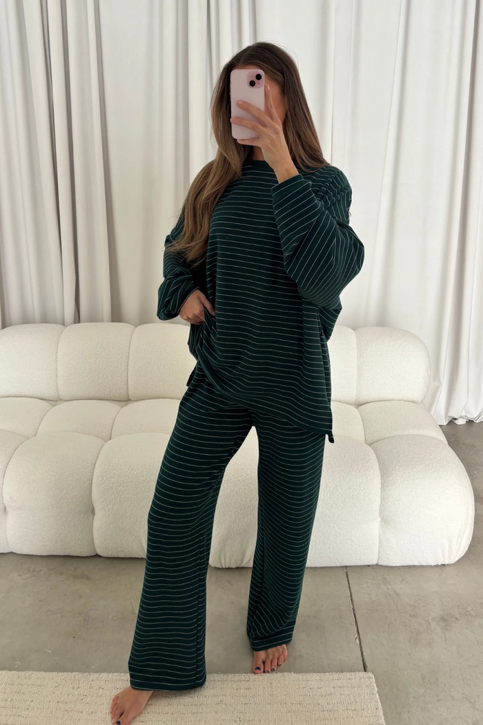 Naomi Striped Fleece Oversized Long Sleeve Top in Green - Bump Friendly