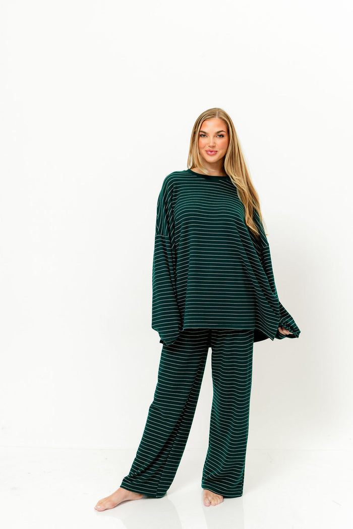 Naomi Striped Fleece Oversized Long Sleeve Top in Green - Bump Friendly