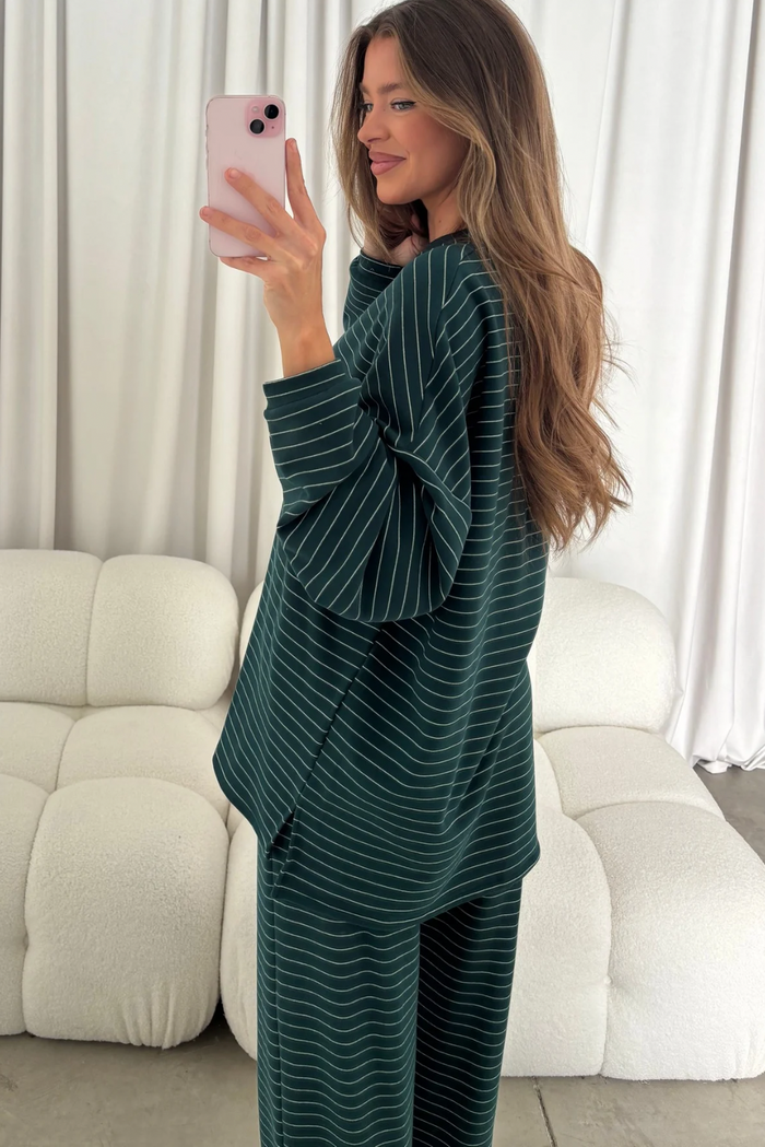 Naomi Striped Fleece Oversized Long Sleeve Top in Green - Bump Friendly
