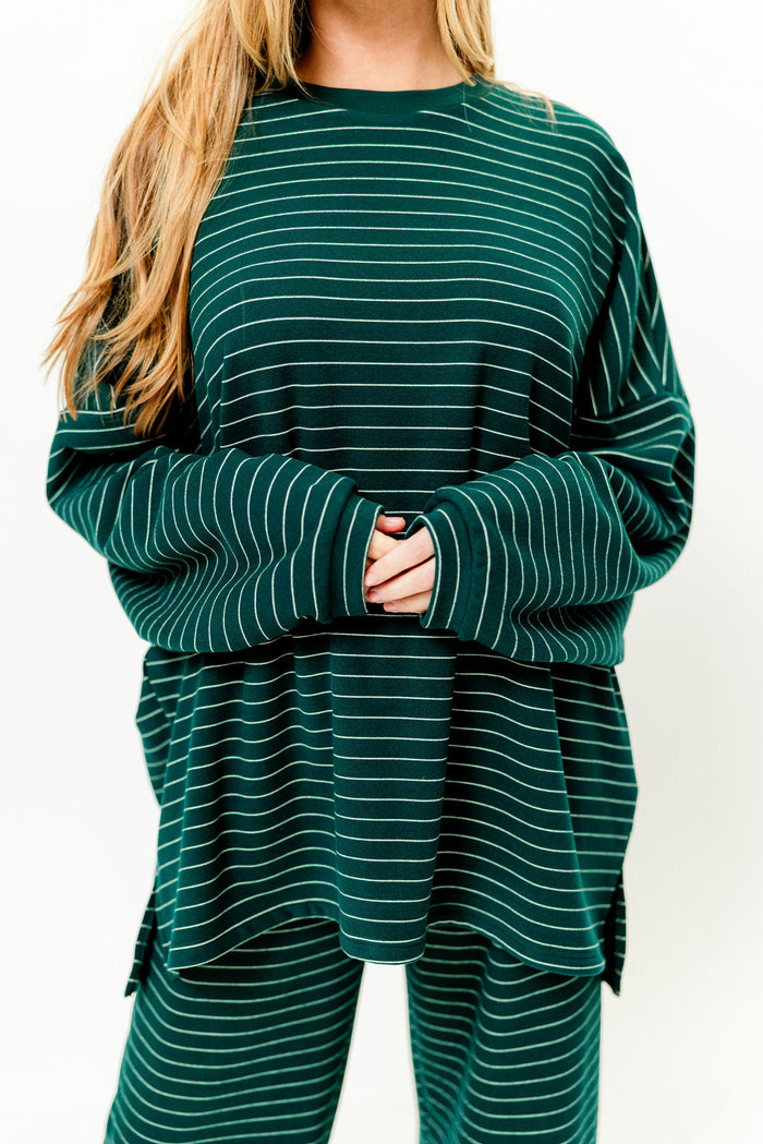 Naomi Striped Fleece Oversized Long Sleeve Top in Green - Bump Friendly
