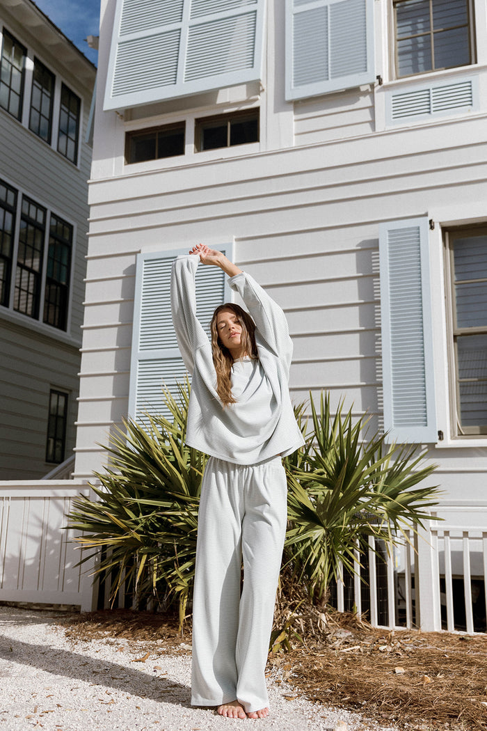 Naomi Striped Fleece Oversized Long Sleeve Top in Hamptons Blue - Bump Friendly