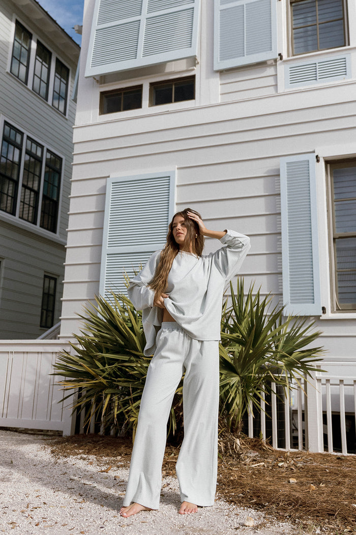 Naomi Striped Fleece Oversized Long Sleeve Top in Hamptons Blue - Bump Friendly