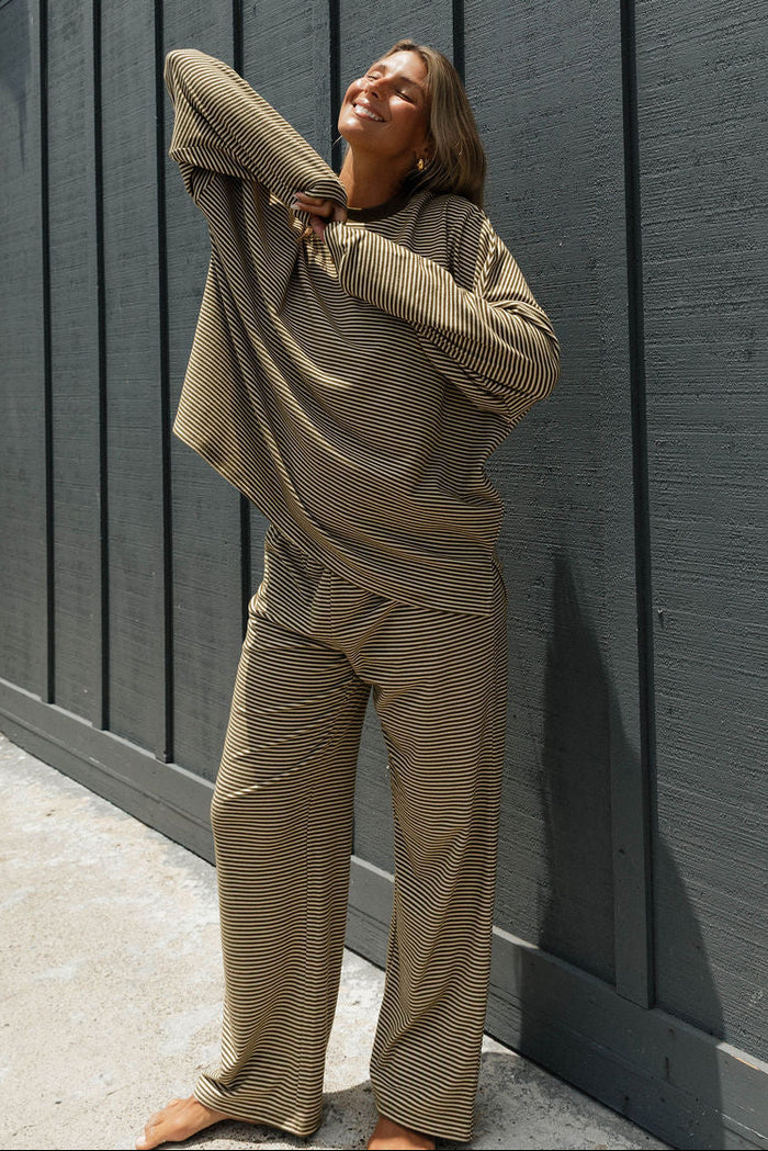 Naomi Striped Fleece Oversized Long Sleeve Top in Olive Stripe - Bump Friendly