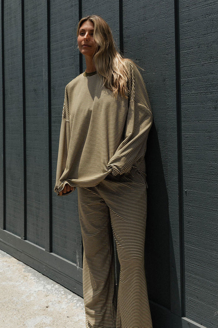 Naomi Striped Fleece Oversized Long Sleeve Top in Olive Stripe - Bump Friendly