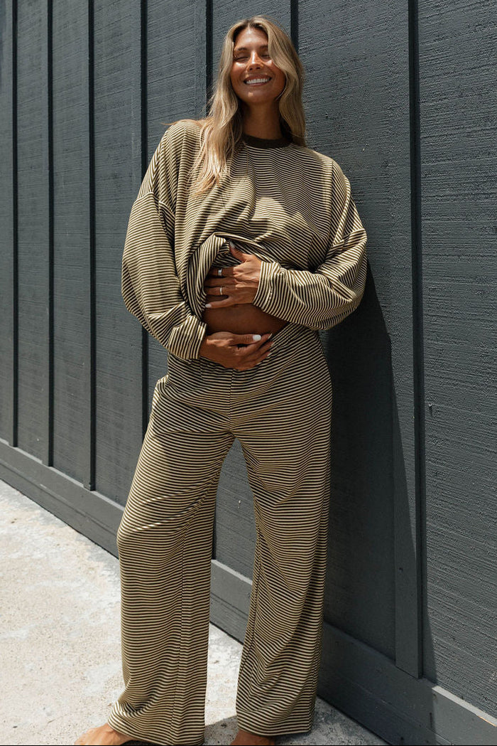 Naomi Striped Fleece Oversized Long Sleeve Top in Olive Stripe - Bump Friendly