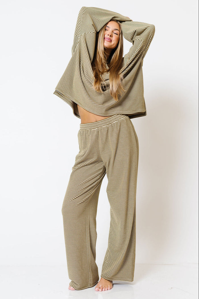 Naomi Striped Fleece Oversized Long Sleeve Top in Olive Stripe - Bump Friendly