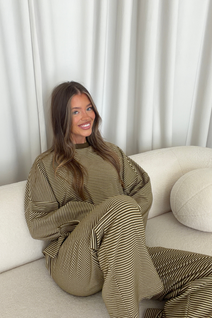 Naomi Striped Fleece Oversized Long Sleeve Top in Olive Stripe - Bump Friendly