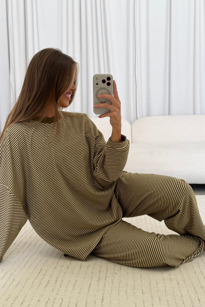 Naomi Striped Fleece Oversized Long Sleeve Top in Olive Stripe - Bump Friendly