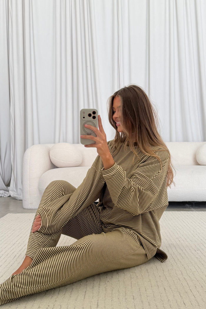Naomi Striped Fleece Oversized Long Sleeve Top in Olive Stripe - Bump Friendly