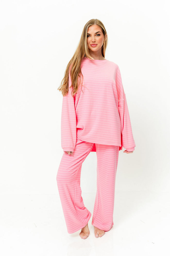 Naomi Striped Fleece Oversized Long Sleeve Top in Pink - Bump Friendly