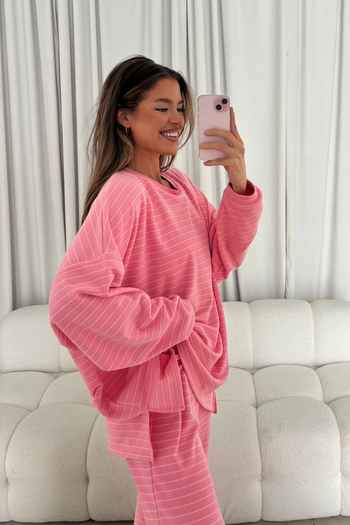 Naomi Striped Fleece Oversized Long Sleeve Top in Pink - Bump Friendly