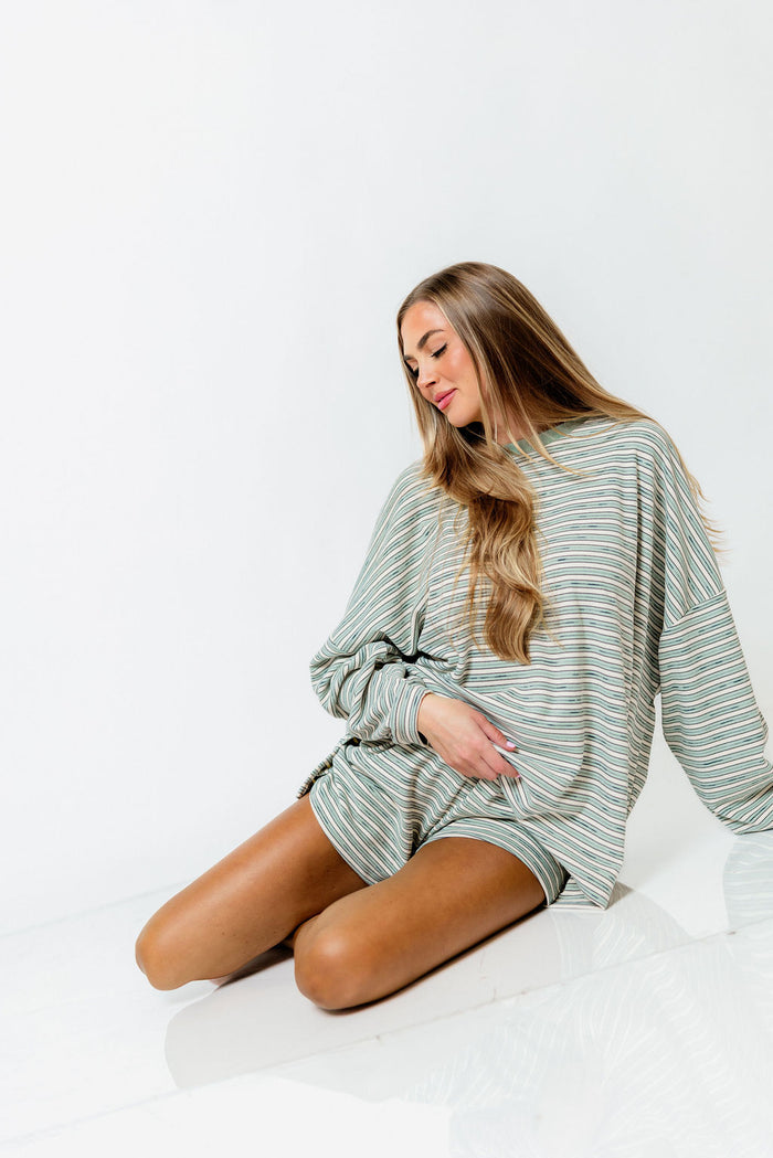 Naomi Striped Fleece Oversized Long Sleeve Top in Sage