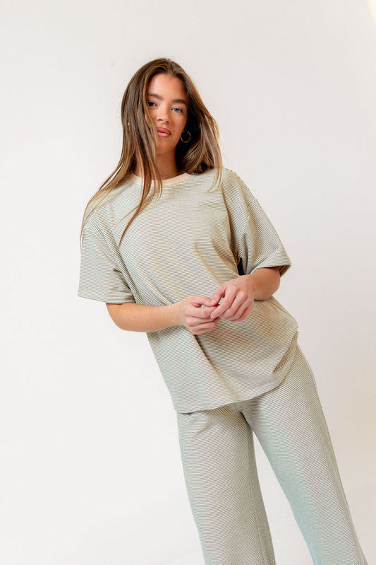 Naomi Striped Fleece Short Sleeve Top in Cream/Green  - Bump Friendly *Final Sale*