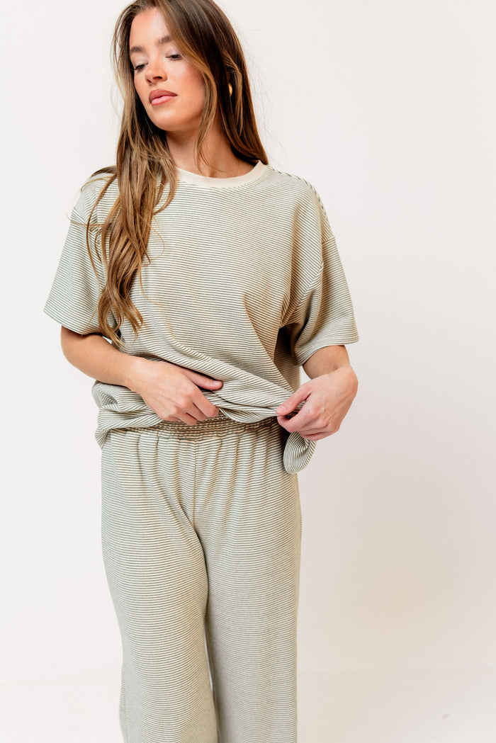 Naomi Striped Fleece Short Sleeve Top in Cream/Green  - Bump Friendly *Final Sale*