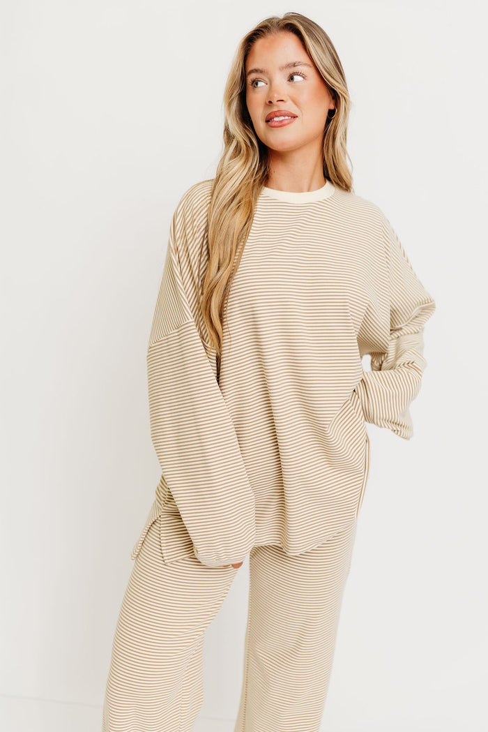 Naomi Striped Oversized Fleece Long Sleeve Top in Beige - Bump Friendly