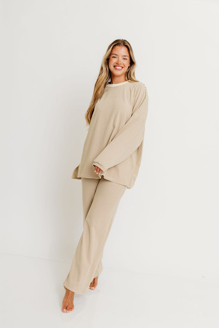 Naomi Striped Oversized Fleece Long Sleeve Top in Beige - Bump Friendly