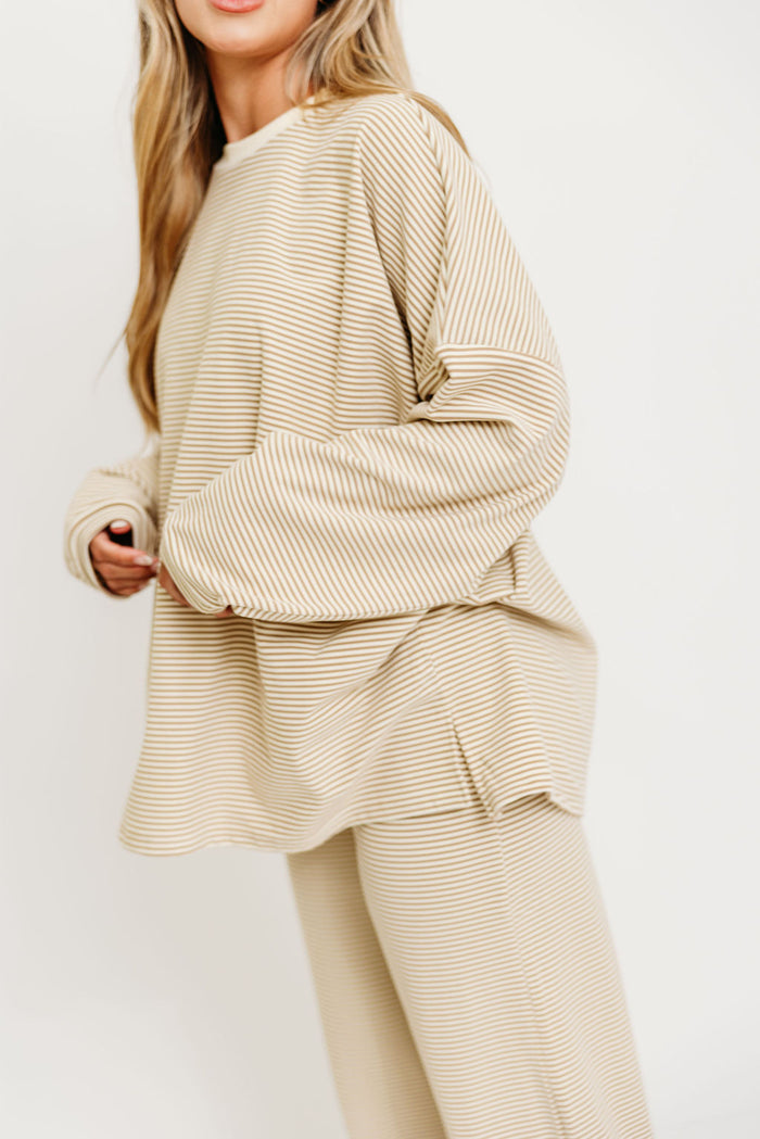 Naomi Striped Oversized Fleece Long Sleeve Top in Beige - Bump Friendly