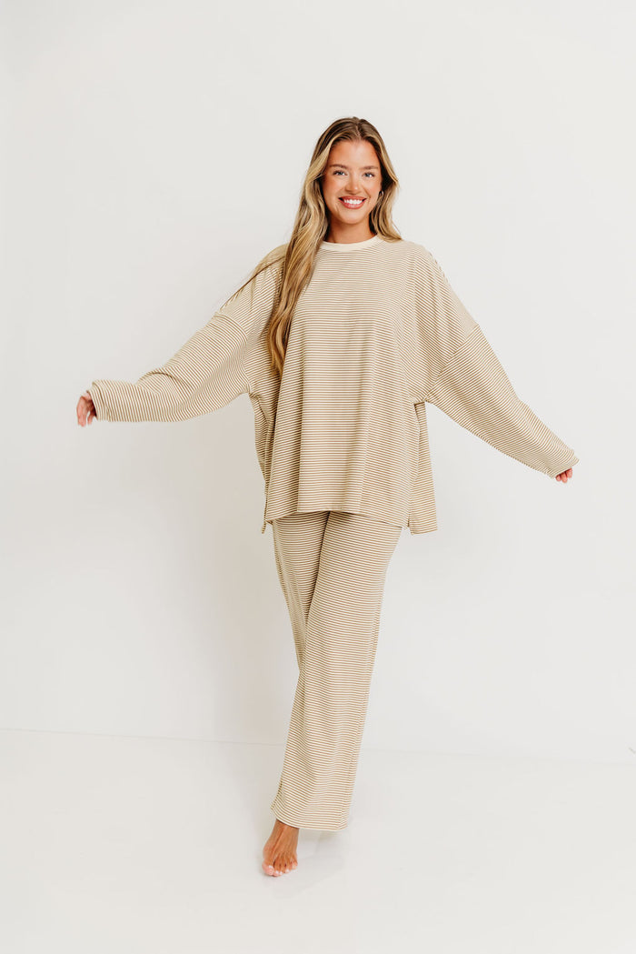 Naomi Striped Oversized Fleece Long Sleeve Top in Beige - Bump Friendly