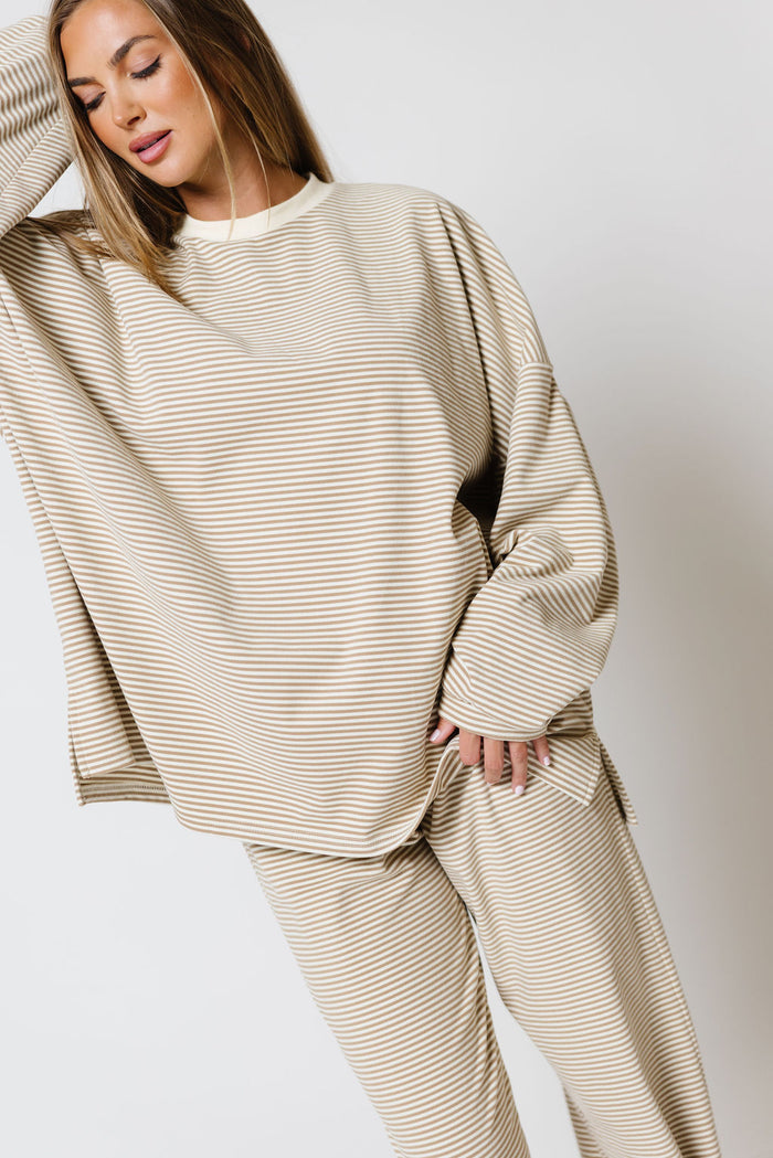 Naomi Striped Oversized Fleece Long Sleeve Top in Beige - Bump Friendly