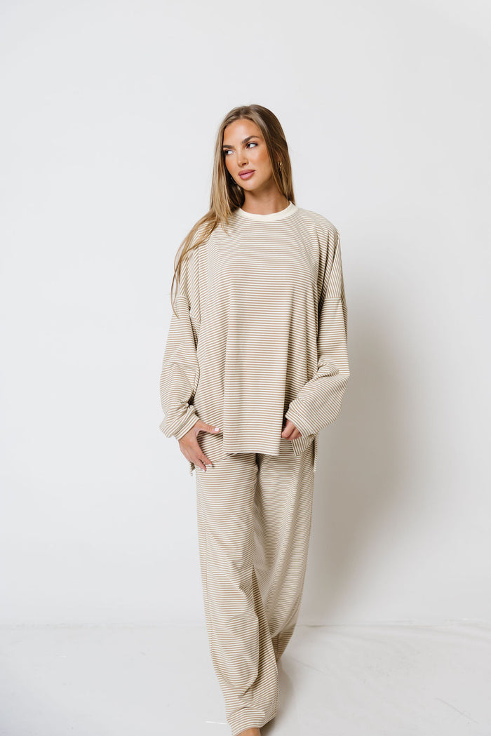 Naomi Striped Oversized Fleece Long Sleeve Top in Beige - Bump Friendly